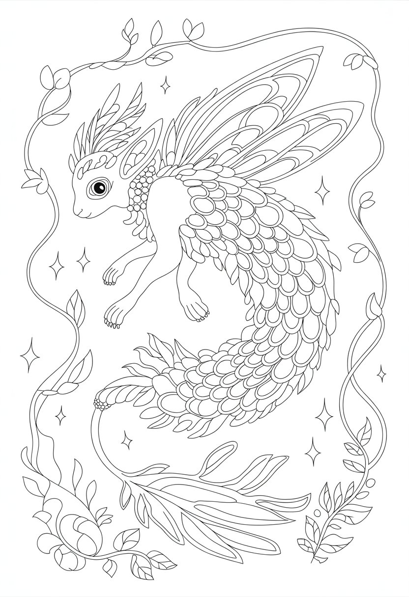 Coloring Pages Cute Ideas for Kids: 21 Engaging Designs to Inspire Creativity 34 A fantasy creature with scaly body, wings, and a long tail surrounded by vines and flowers.